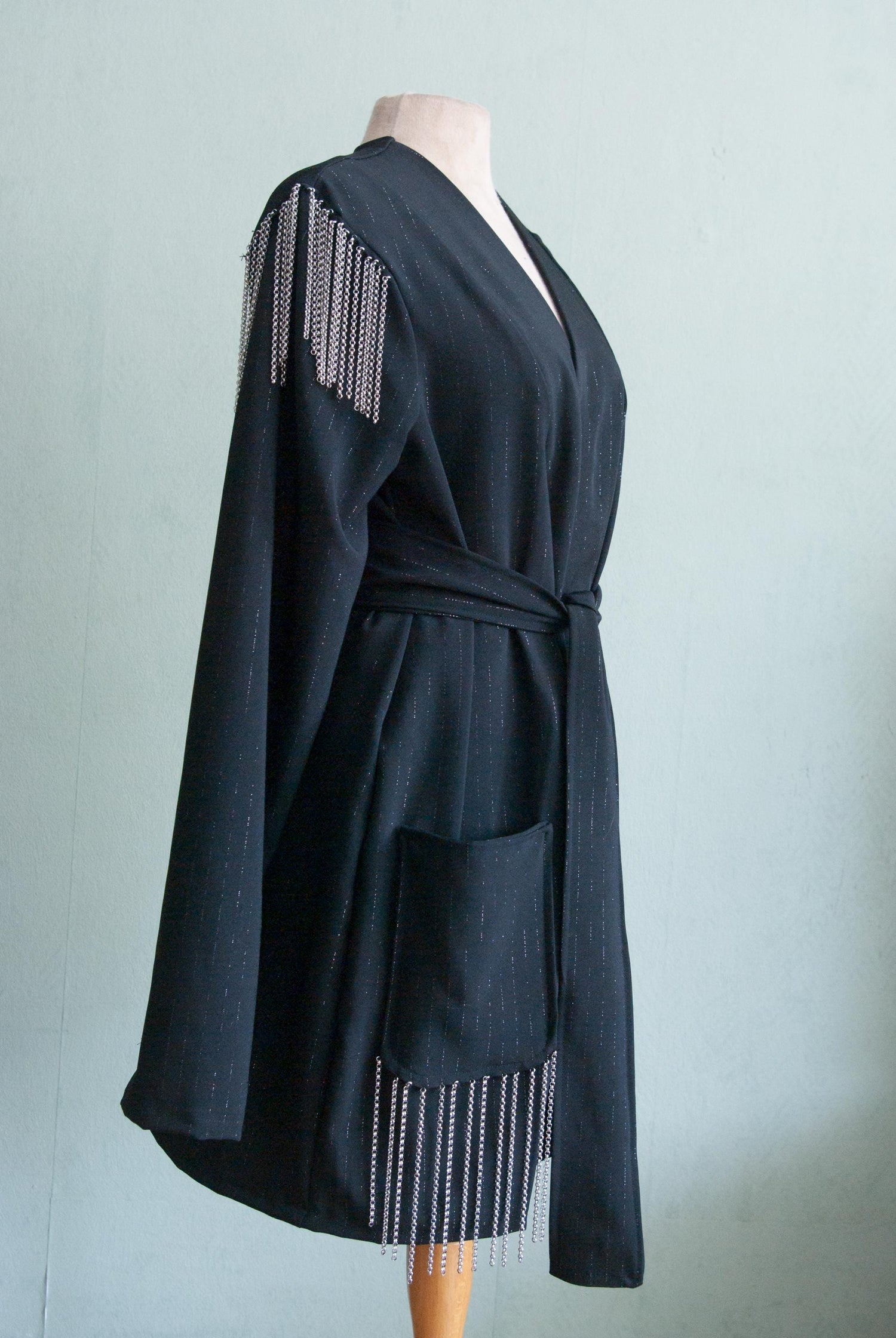 Handmade little black dress with silver chains as fringe. 