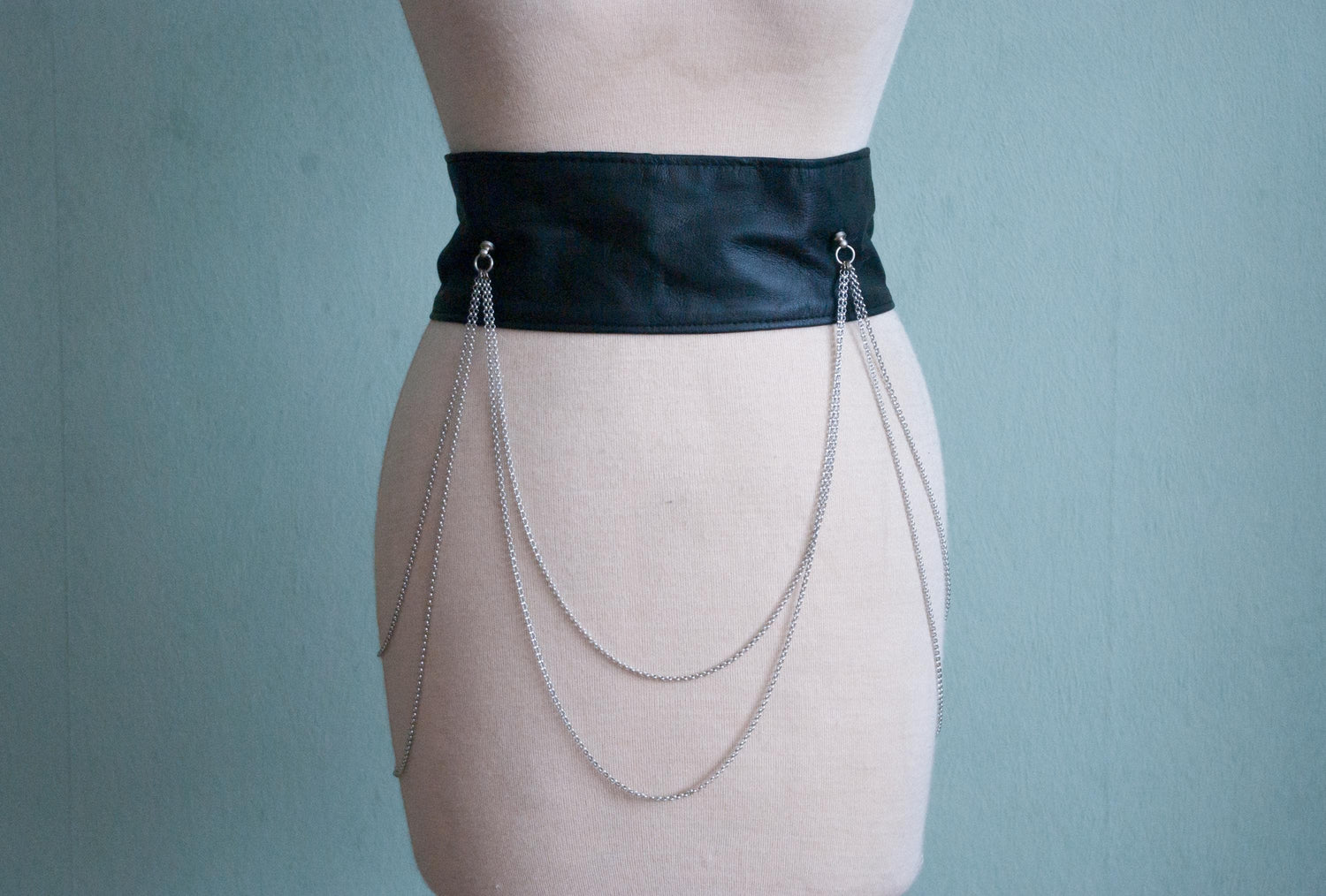 Handmade black leather waist corset belt with fine chains