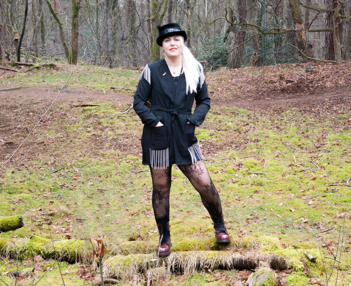 Handcrafted Dress with silver plated Chains as Fringe - Model in the forest