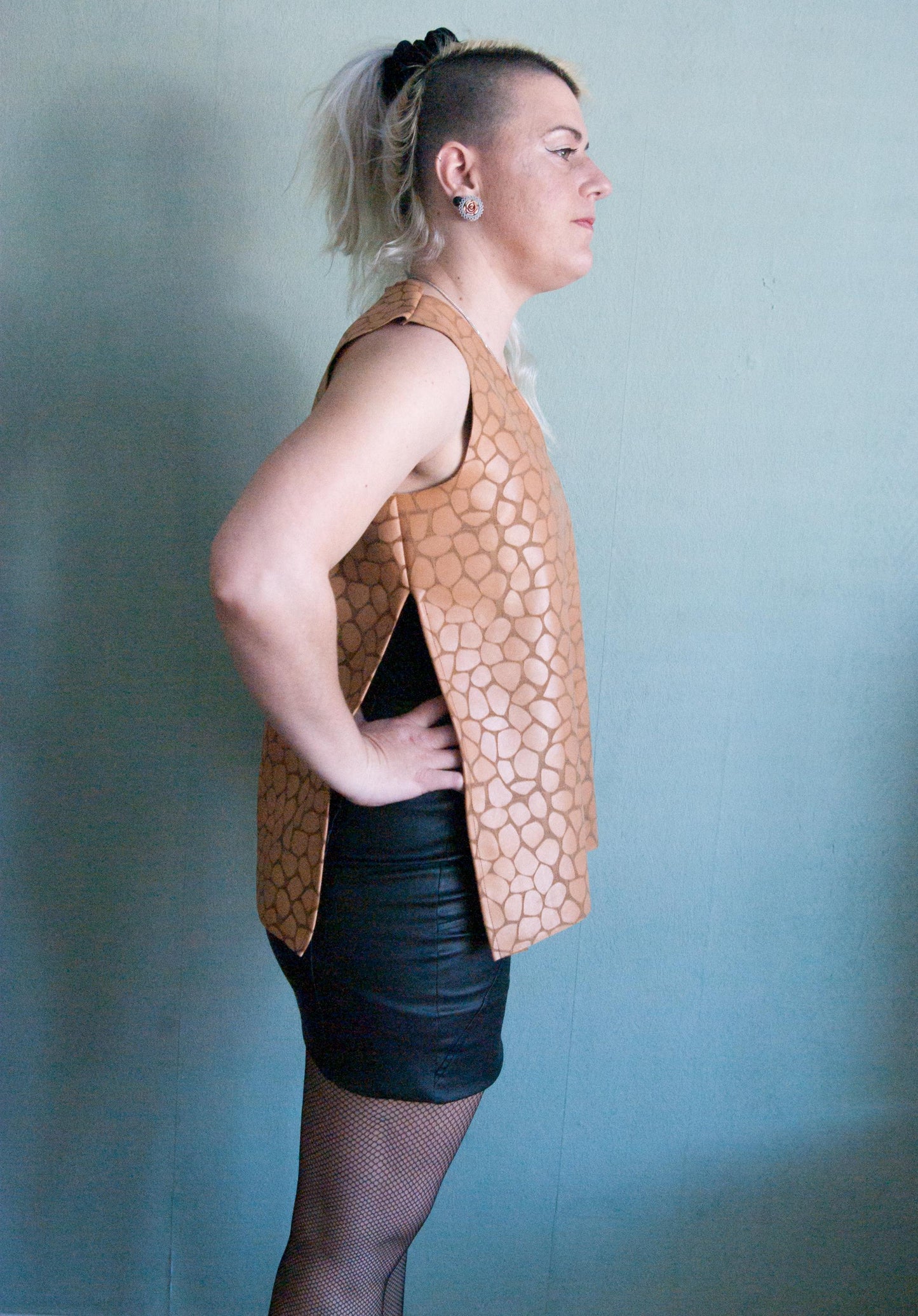 Handcrafted Brown Leather Split Top, with a print of a giraffe - with a side split