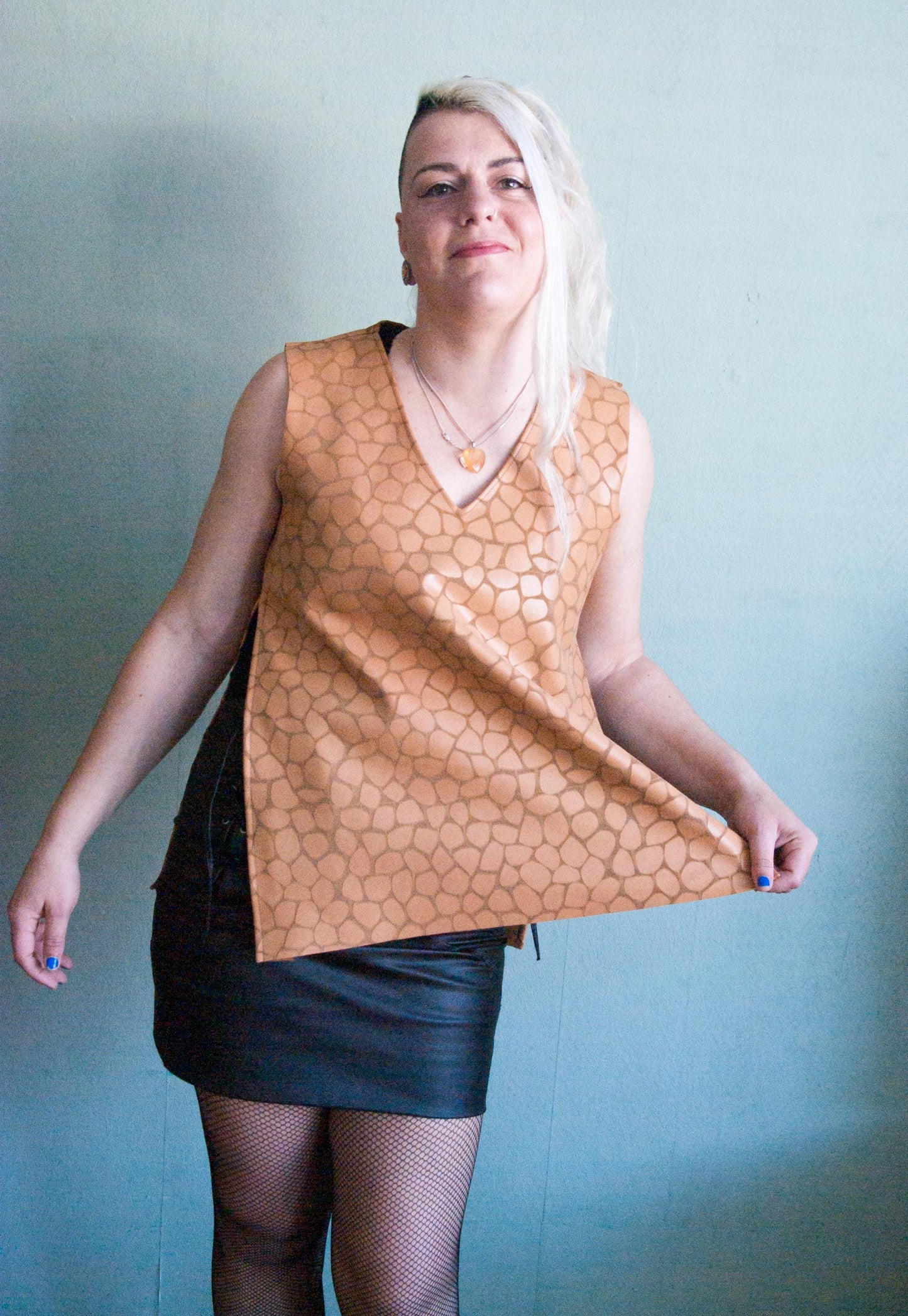 Handcrafted Brown Leather Split Top, with a print of a giraffe